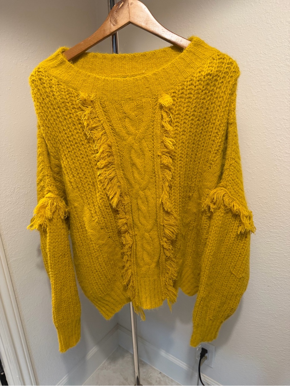 Mustard Fringe Cable-Knit Women's Sweater